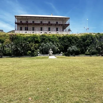 A large building stands prominently on a lush grassy field, showcasing a blend of architecture and nature.