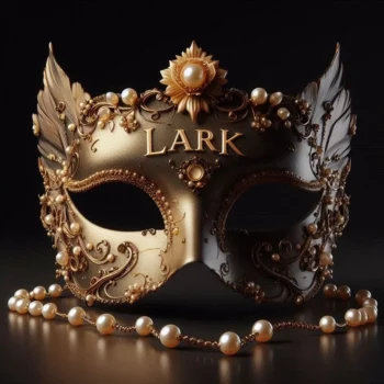 A gold and pearl masquerade mask featuring the word "lark" elegantly displayed across its surface.
